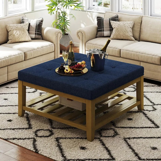 Large Square Ottoman Coffee Table, Linen Solid Upholstered Footrest Ottoman with Solid Wood Shelf Storage Tufted Coffee Table fo