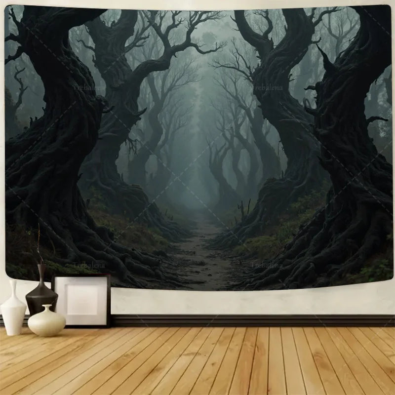 1pc Wall Tapestry Enchanted Winter Forest Tapestry - Golden Frame, Snowy Path, Cozy Cabin Decor