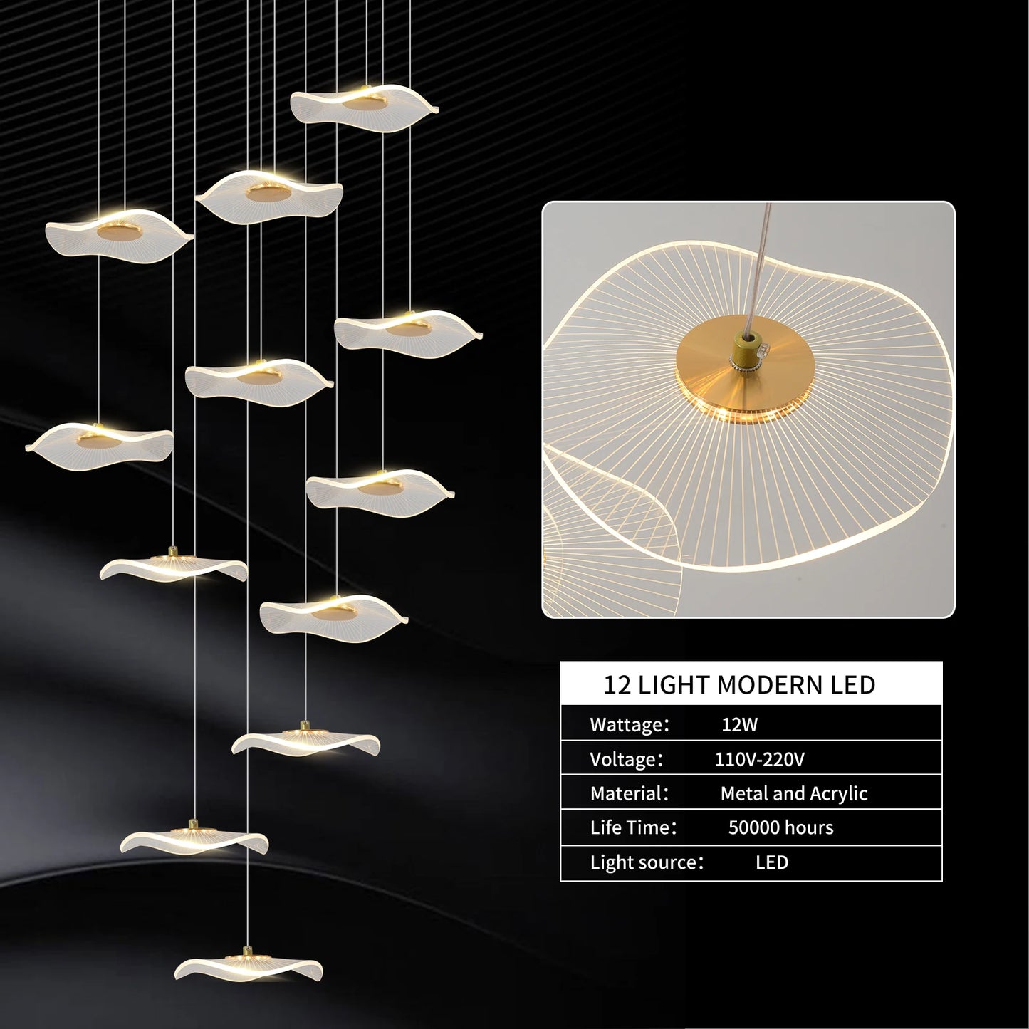 Modern LED Lotus Leaf Shaped Ceiling Chandelier Lobby Living Room Stairs Loft Pendant Lights Creative Golden Decor Hanging Lamp