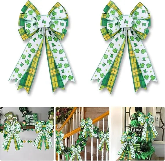 2 Pack St. Patricks Day Shamrock Bows for Door Frame Fireplace Tree Decorations - YEFIUO Clover Bows & Ribbons Decorative 8.66"*