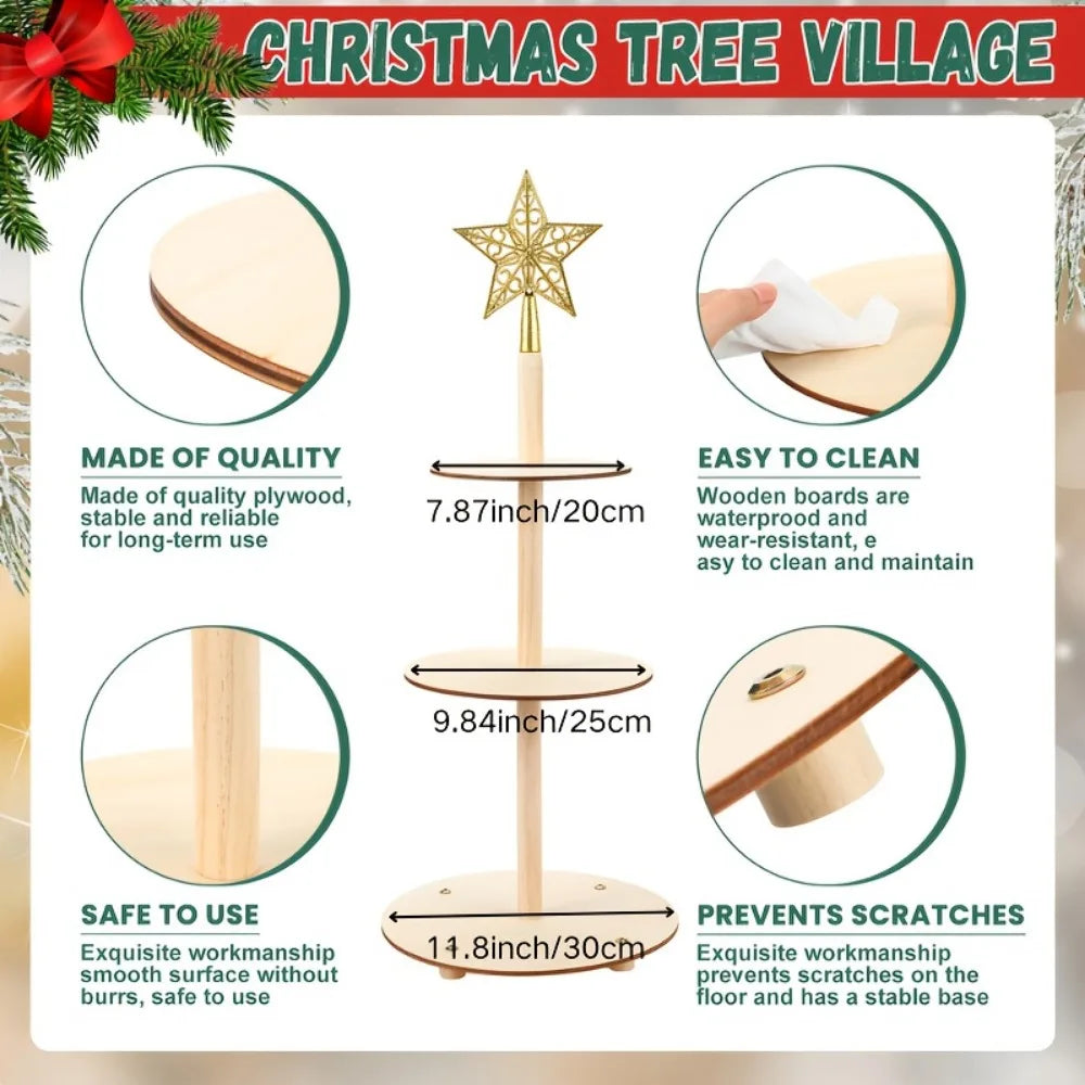 23.6" Wooden Christmas Tree Tiered Tray Decor Set with Golden Star & Garland, Holiday Table Centerpiece, Farmhouse Xmas Decor