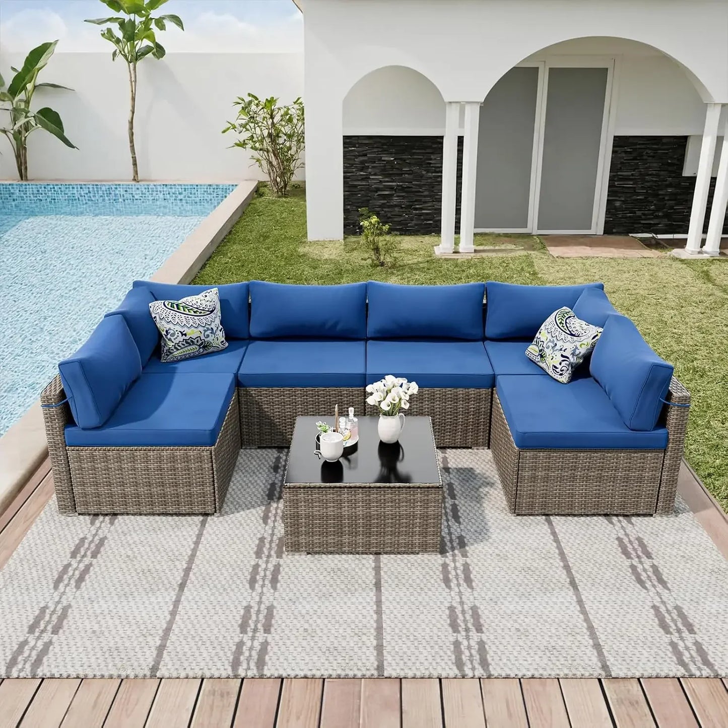 7 Pieces Patio Furniture Sets, Outdoor All-Weather Sectional Patio Sofa Set PE Rattan Manual Weaving Wicker Patio Conversation