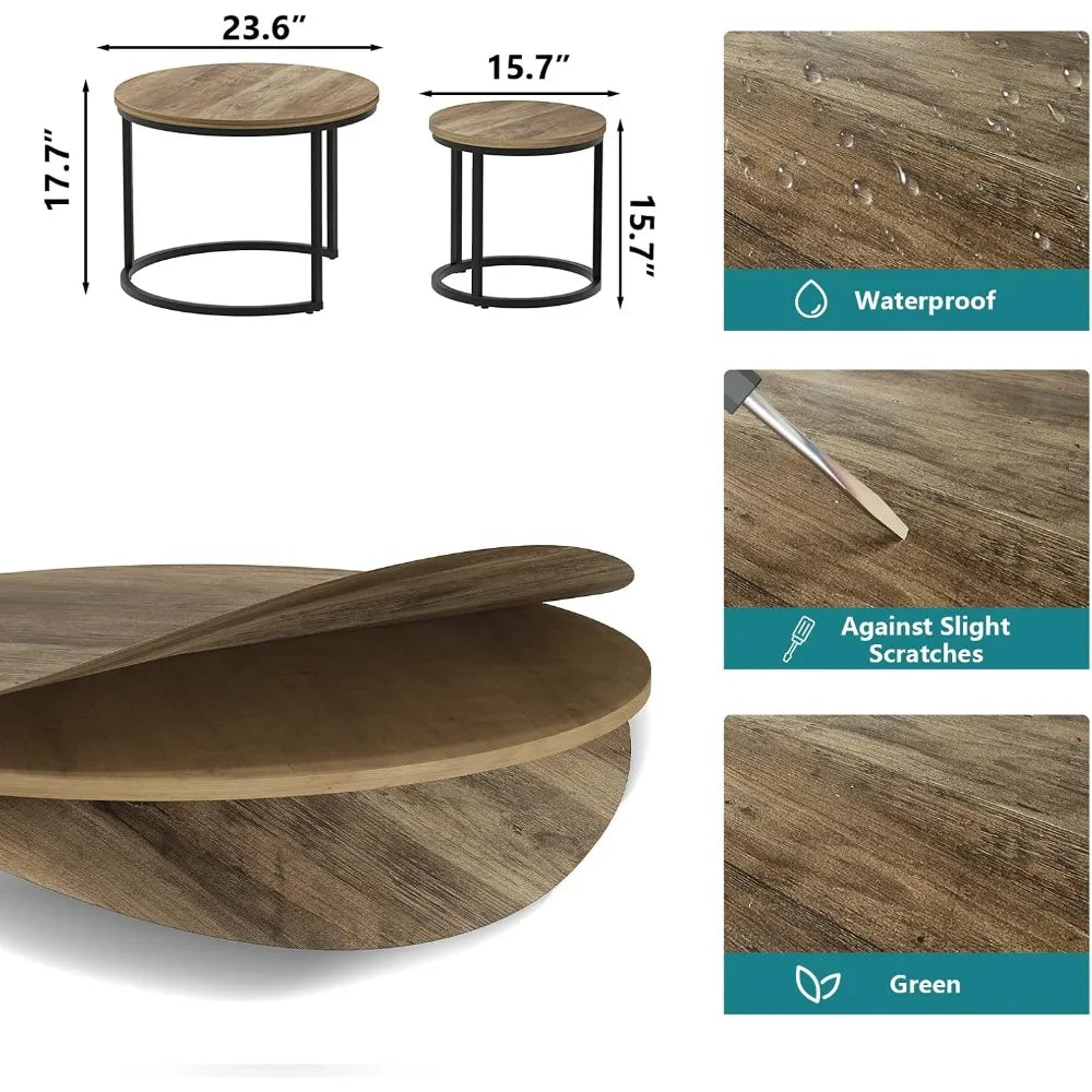 Nesting Coffee Table Set of 2, 23.6" Round Coffee Table Wood Grain Top with Adjustable Non-Slip Feet, Industrial End Table Side