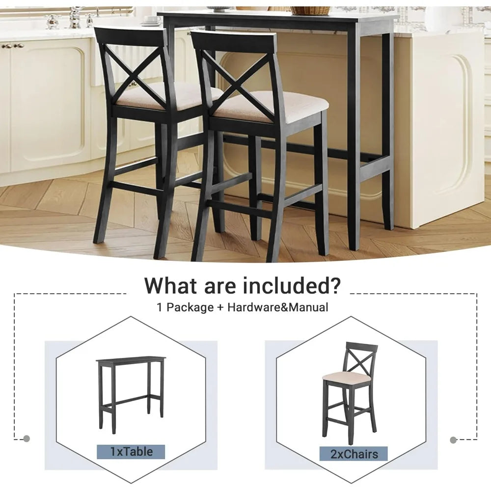 3 Piece Dining Bar Table Set, Counter Height Bar Table and Chair Set Farmhouse Kitchen Table Set with 2 Upholstered Chairs for K