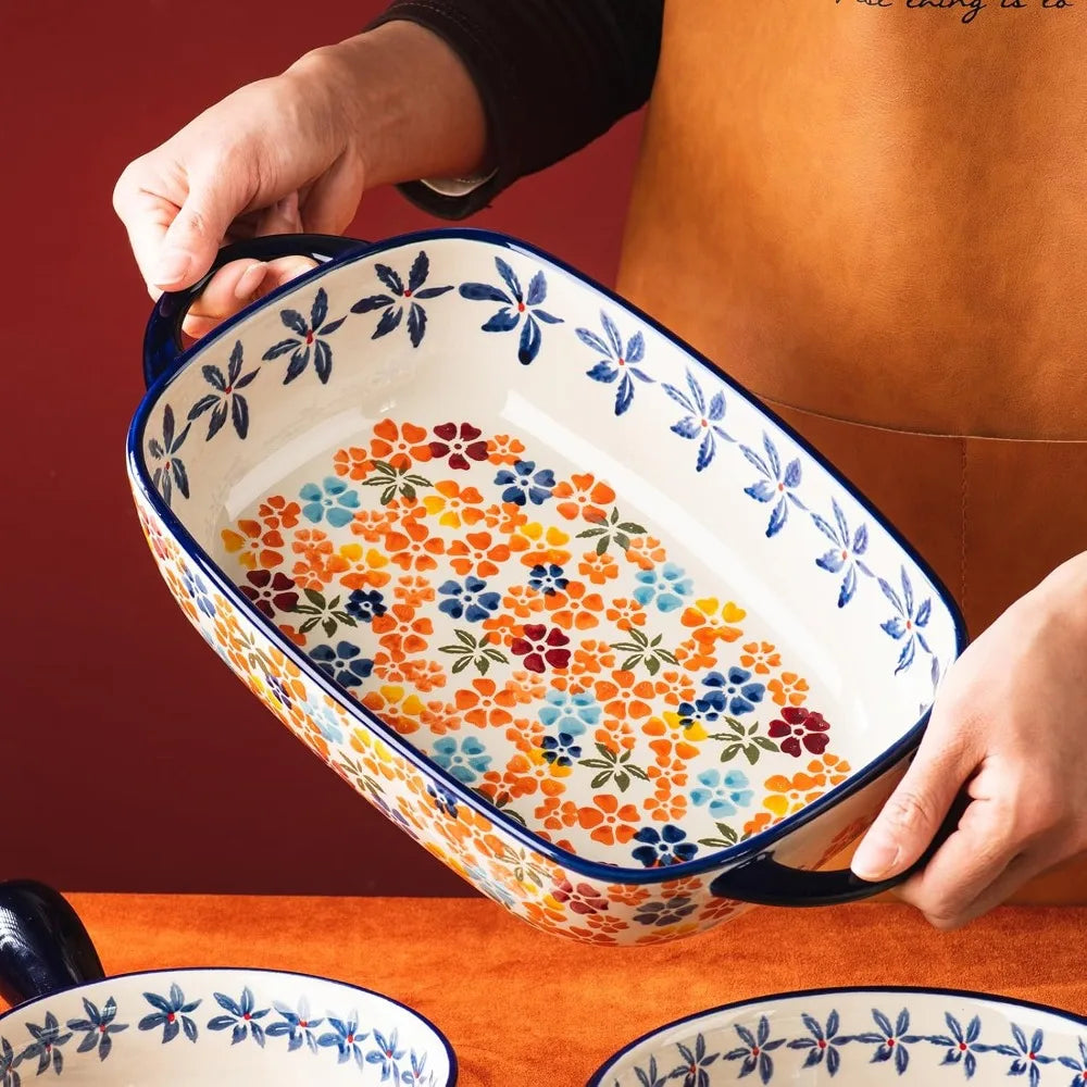 Vintage-Inspired Rectangular Ceramic Baking Dish Set, 2-Piece Handcrafted Porcelain Bakeware with Floral Pattern