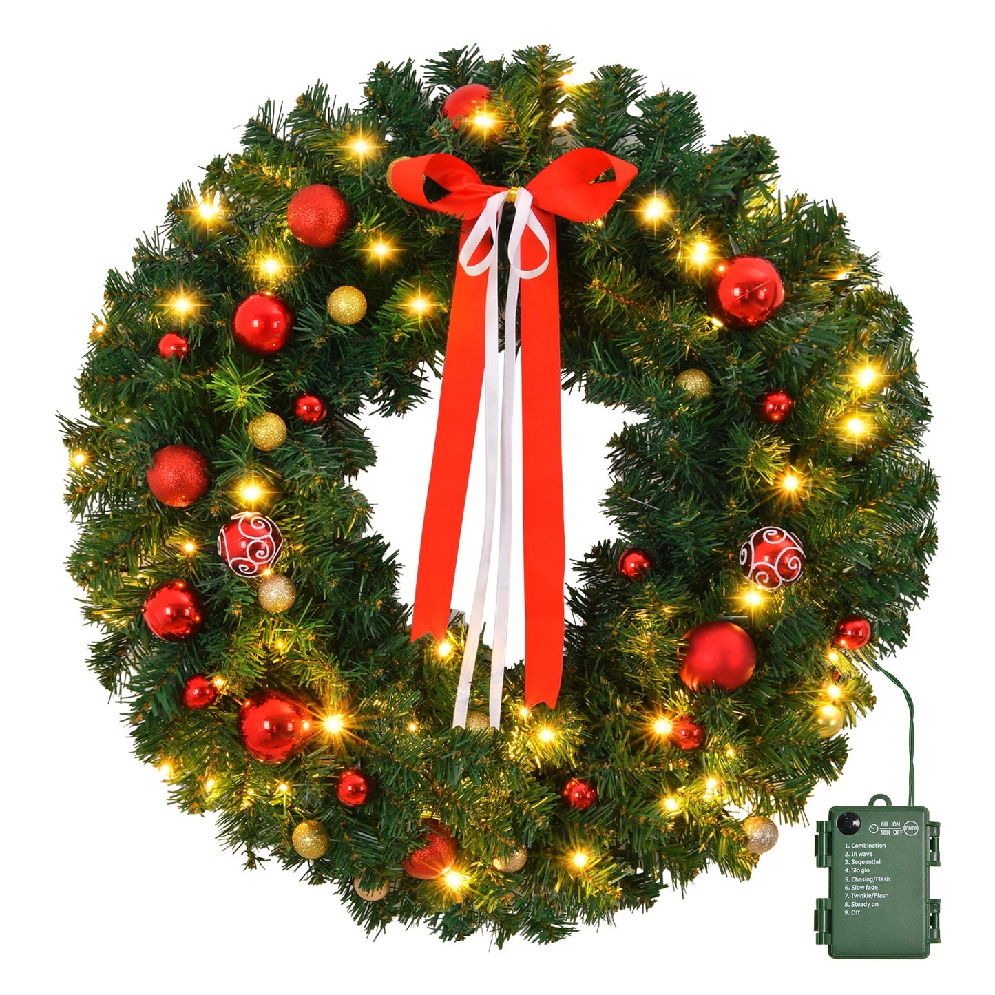 36in Pre-lit Battery Christmas Wreath, Lighted Artificial Xmas Wreath with 80 Warm Lights and 270 PVC Tips and 18 DIY Ornaments