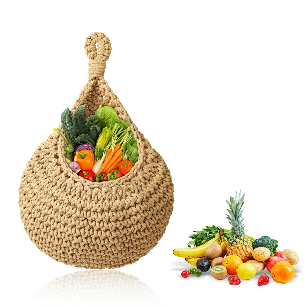 1PC Hanging Fruit Basket Boho Jute Hanging Organizing Baskets Handwoven Decorative Kitchen Fruit Vegetable Storage Baskets