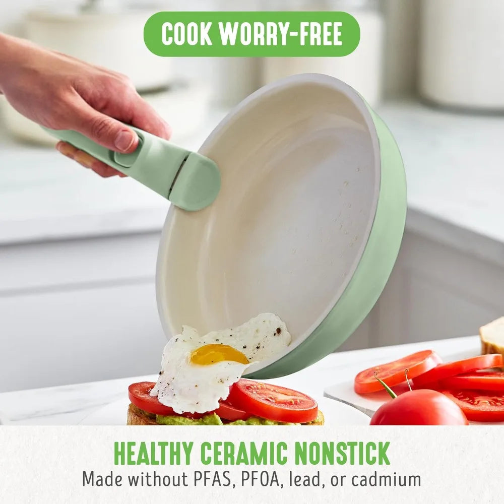 10 Piece Nonstick Pots & Pans Set, Detachable Handle & Stackable Cookware Set, Non Toxic PFAS-Free Skillets, Induction Kitc