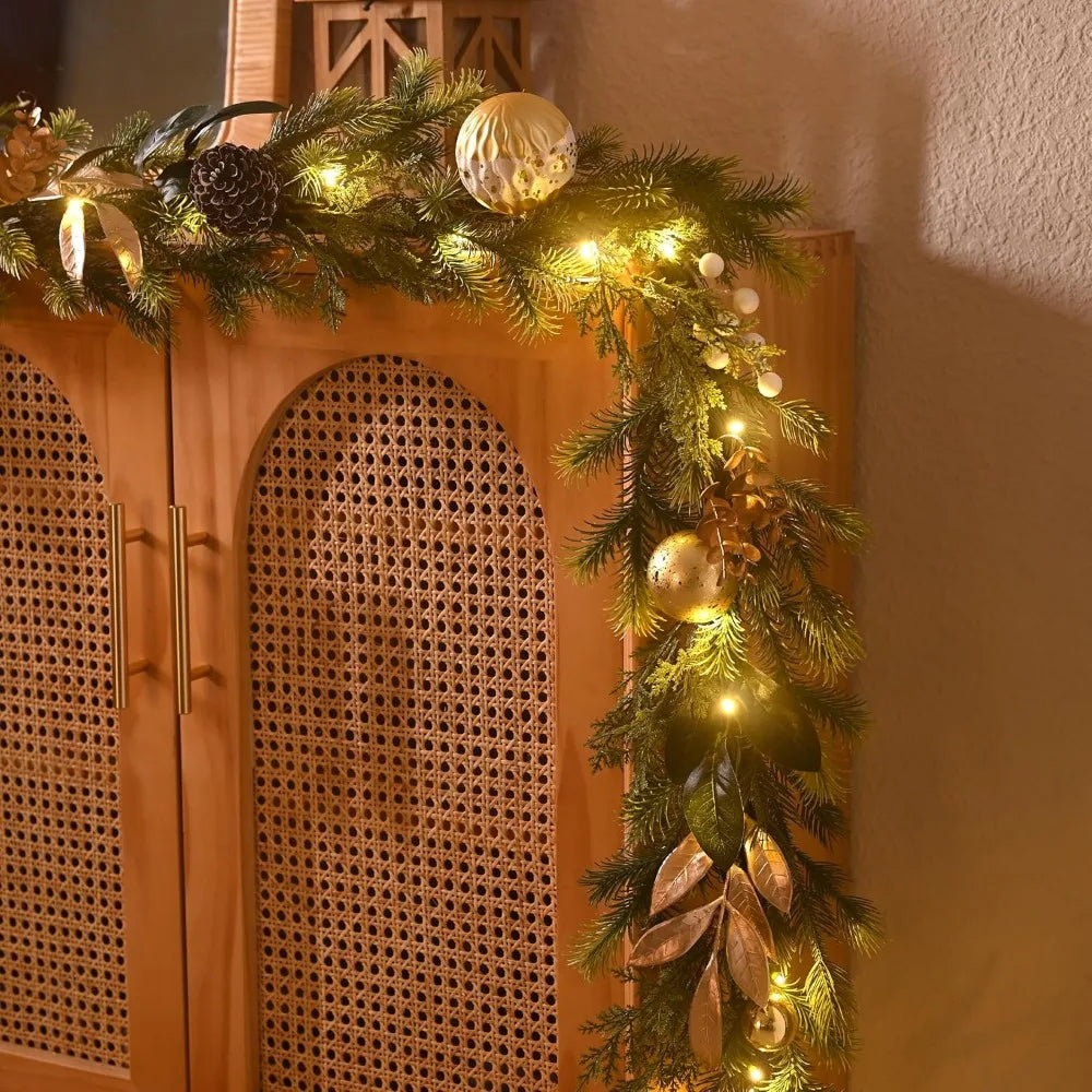 9 Feet Long Pre-lit Artificial Greenery Christmas Garland with Pinecone and Gold Accents, Festive Holiday Decorations