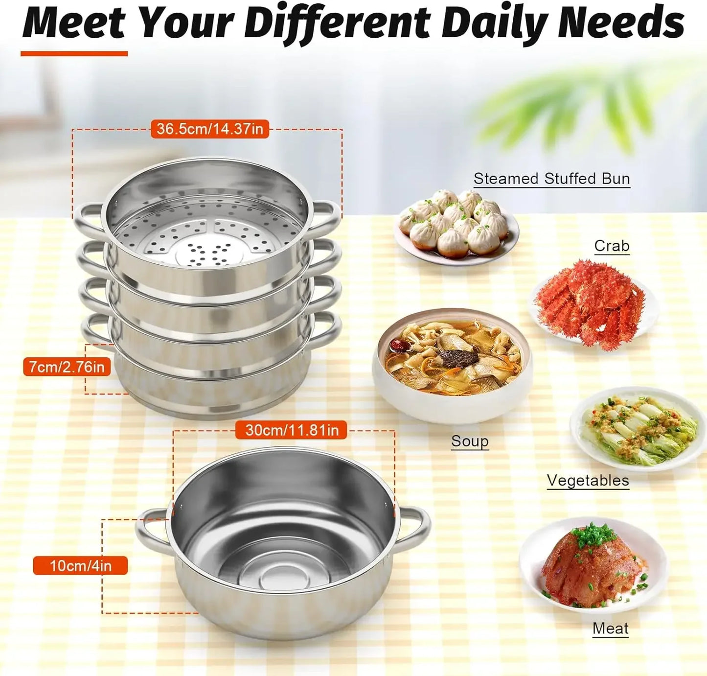 5 Tier Stainless Steel Steamer Cooker Steam Pot Kitchen Food Cooking with Glass Lid