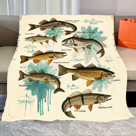 1pc Flannel Blanket Vintage Fish Illustration Blanket for Cozy Nights - Rustic Cabin Style Decor