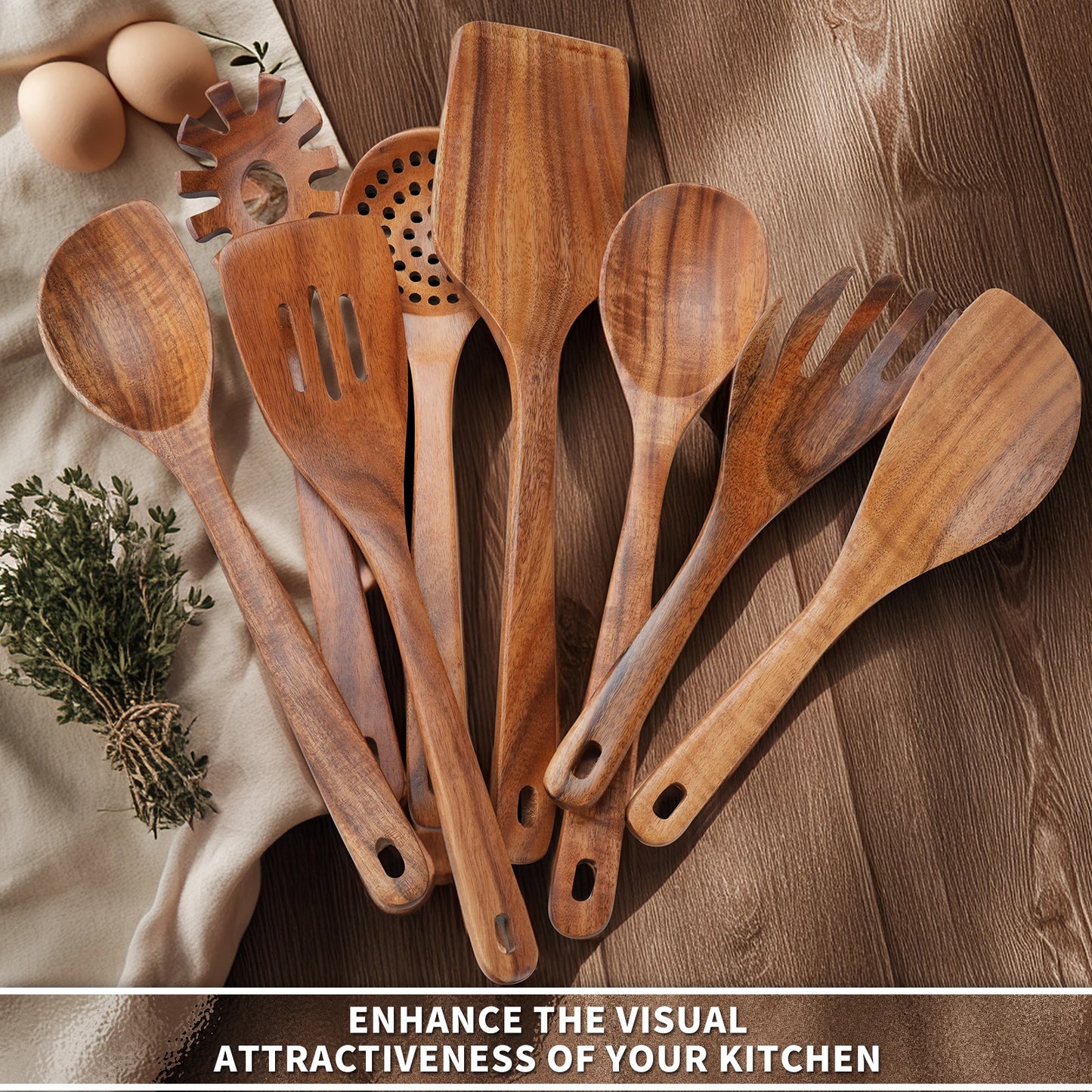 9PCS Kitchen Utensils Set - Wooden Spoons for Cooking- Wooden Spoons, Spatula Set, Slotted Spoon - Handmade Wooden Spoon Set