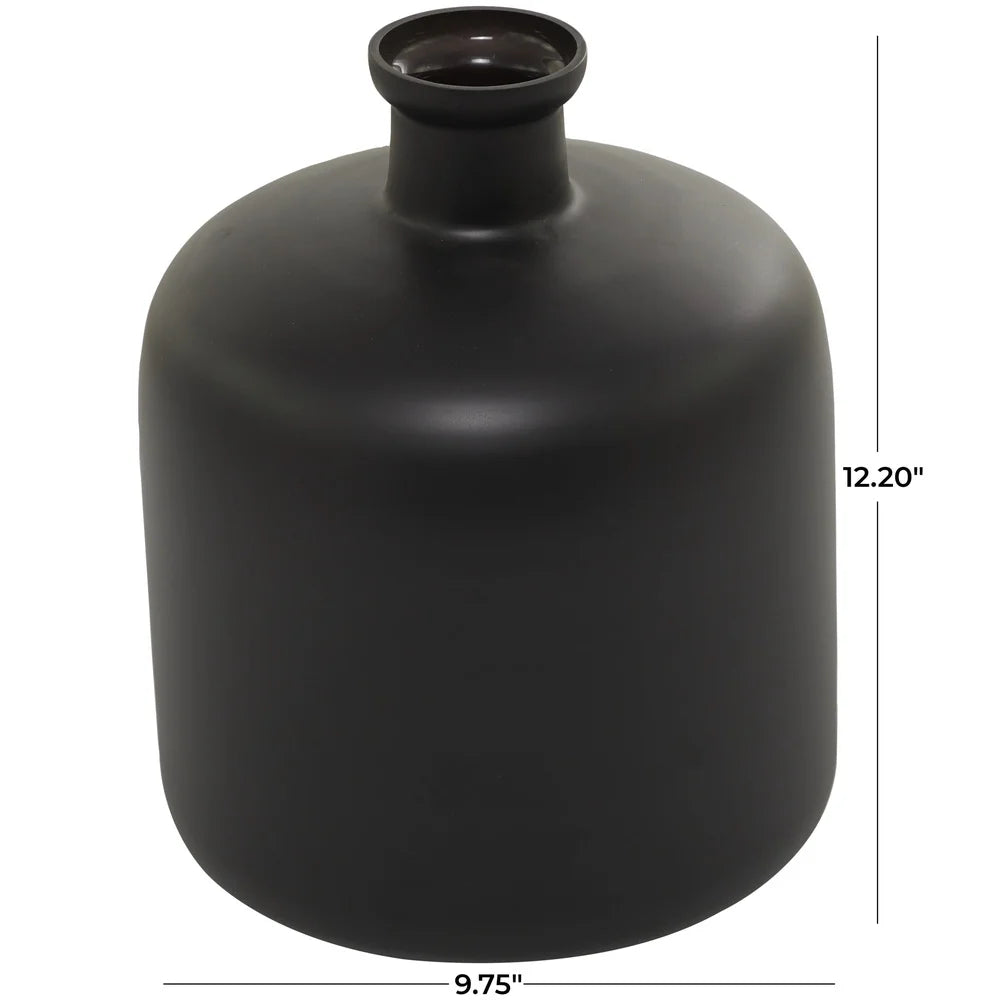 Modern Black Glass Vase 12 inch Drum Shape Decorative Flower Holder Minimalist Design Home Indoor Accent Piece Durable Opaque
