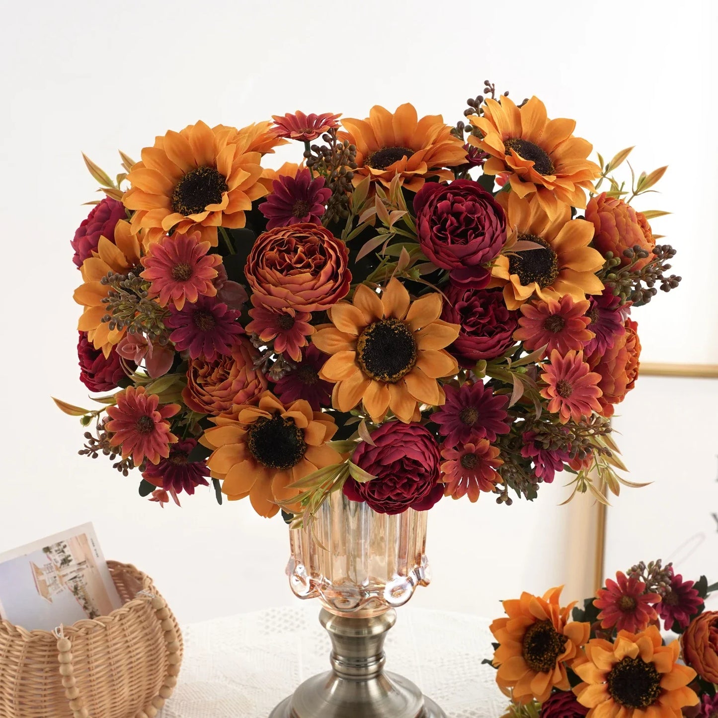 1/4Pcs Sunflowers peony Artificial Flowers Fall Summer Decor, Fake Fall Flowers Silk Faux Sunflower Bouquet Vines room decor