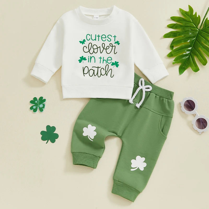 St Patrick s Day Baby Outfit Green Shamrock Print  and Pants Set for Newborn Infant Spring Clothes Collection