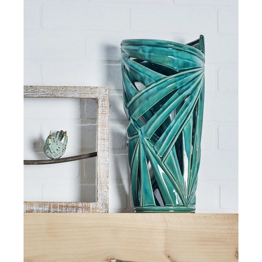 Modern Green Stoneware Vase with Triangular Cut Out Designs Home Decoration Indoor Use Glossy Finish Elegant Accent Piece