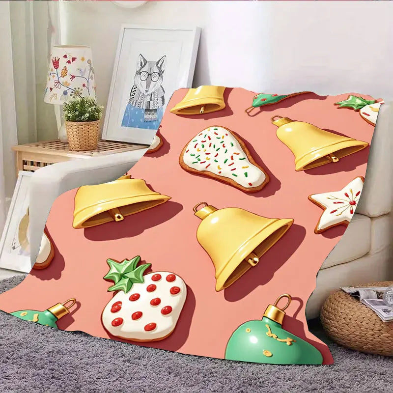 1pc Flannel Blanket "Festive Christmas Bell & Cookie Print Blanket for Cozy Holiday Nights"