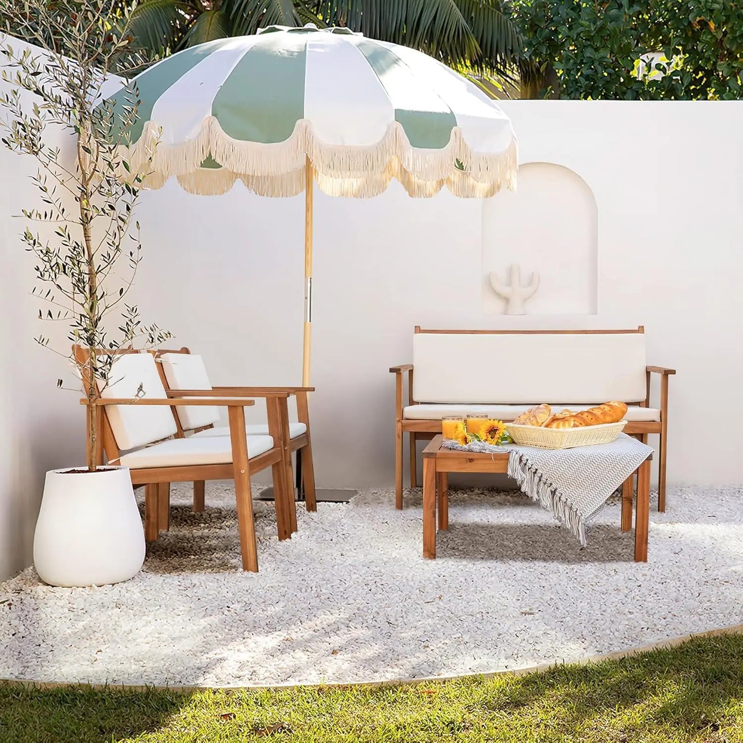 Patio Furniture 4 Piece Acacia Wood Outdoor Conversation Sofa Set for Garden, Deck, Backyard, Natural