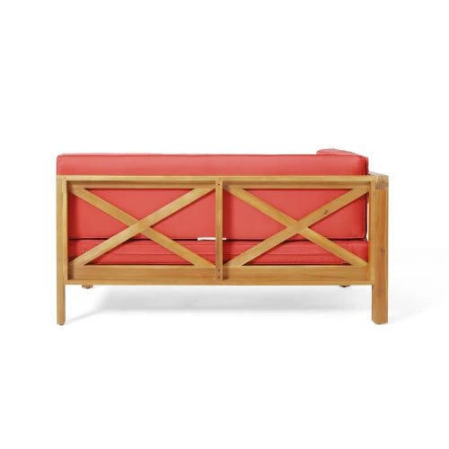 Left rear bench, red seat cushion, Acacia wood frame, cross backrest design