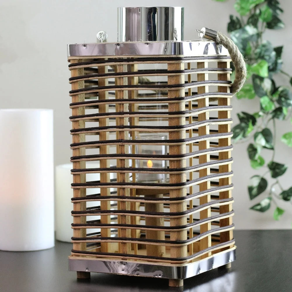 Rustic Rattan Candle Holder Lantern Glass Hurricane Jute Handle Outdoor Decor Unique Home Accent Rectangular 15.5 Inch