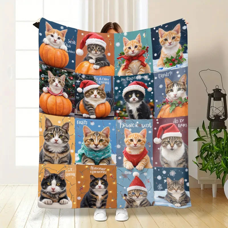 Flannel Blanket-Soft Lightweight All-season Cute Cats in Christmas Hats Soft Baby Blanket for Cozy Nights