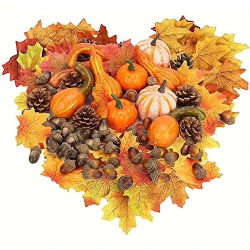 128 Pcs Thanksgiving Artificial Pumpkins Decorations Set with Maple Leaf, Foam Pumpkin, Small Acorns, Pine Cones and