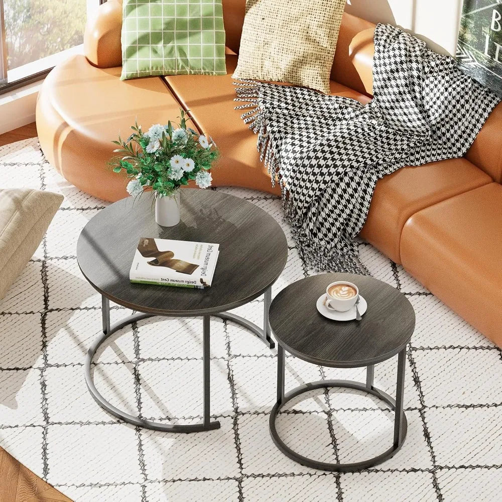 Nesting Coffee Table, 23.6" Round Coffee Table Set of 2, Wooden Nesting Table Set with Metal Frame, Side Tables for Living Room