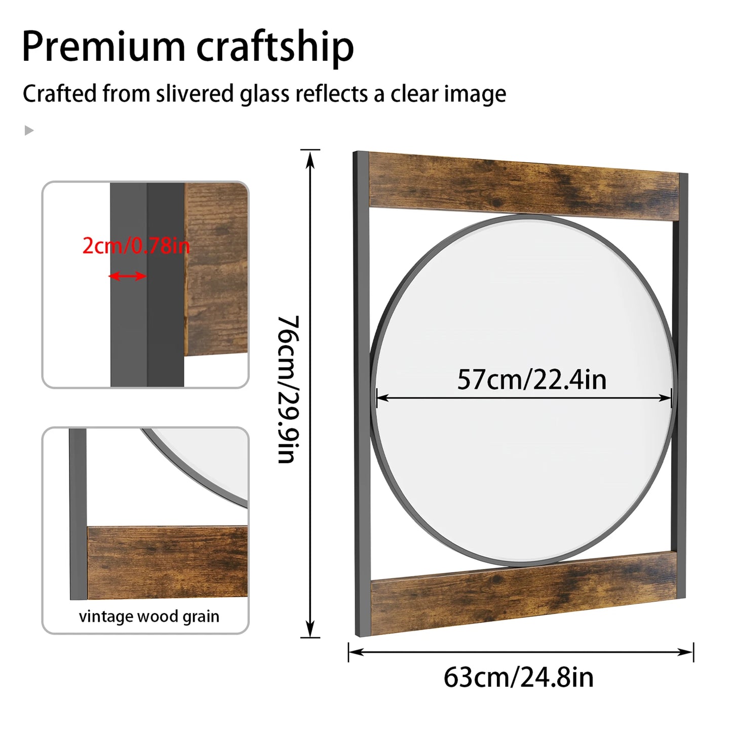 Retro Wall Mirror 57cm Round Decor Mirror with Square Wood Metal Frame Accent Mirror for Entryway Hallway Bedroom Home Decor
