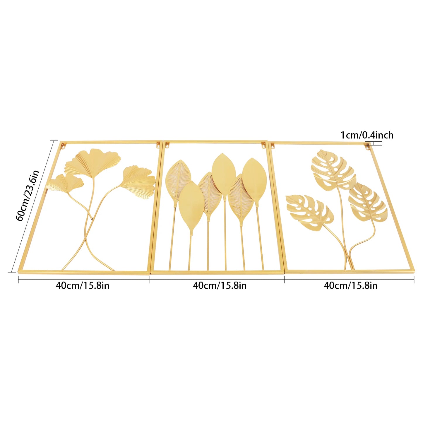3 Pack Gold Metal Wall Art for Living Room, Large Leaf Frame Accent Leaves Wall Decor Home