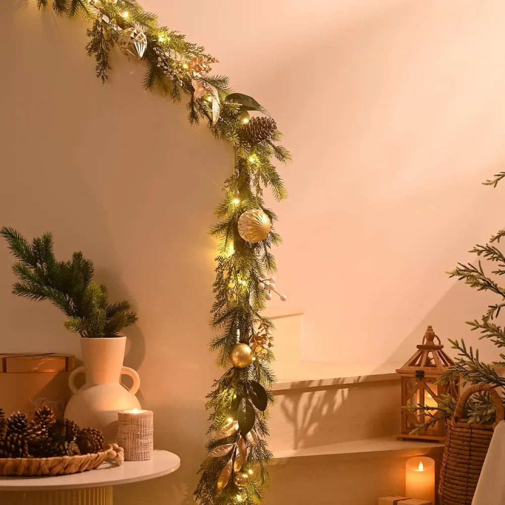 9 Feet Long Pre-lit Artificial Greenery Christmas Garland with Pinecone and Gold Accents, Festive Holiday Decorations