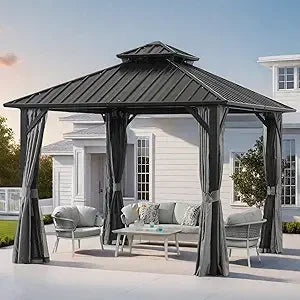 10 * 10FT Patic Gazebo with Steel Canopy,Outdoor Permanent Hardtop Gazebo Canopy for Patio, Garden, Backyard