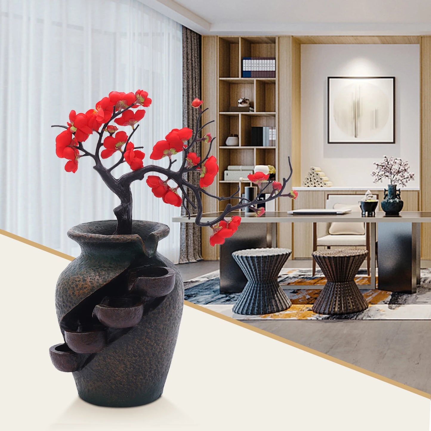 Tabletop Fountain, Waterfall Vase Fountain, Tabletop Water Fountains with Simulation Tree Flowers for Living Rooms, Offices