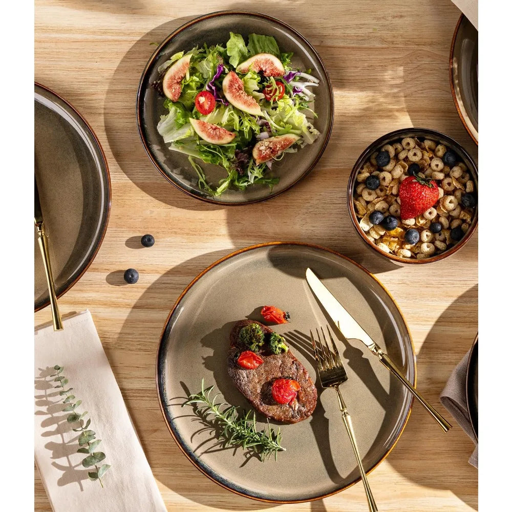 Handcrafted Terra Ceramic 8-Person Dinnerware Set with 24 Reactive Glazed Pieces, Including Plates and Bowls, Durable and Oven-S