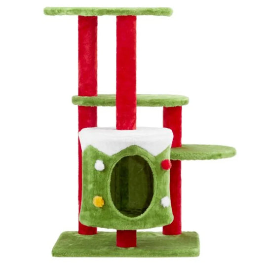 32in Christmas Themed Cat Tower with Cat Condo 3Level Plush Cat Tree Activity Center for Indoor Cats