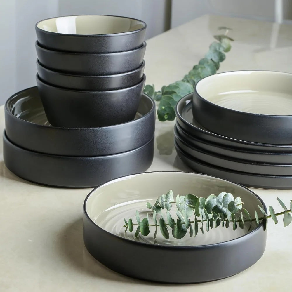 24-piece Modern Dinnerware Set, Plates And Bowl Sets For 8, Beige And Black,Dinnerware Set