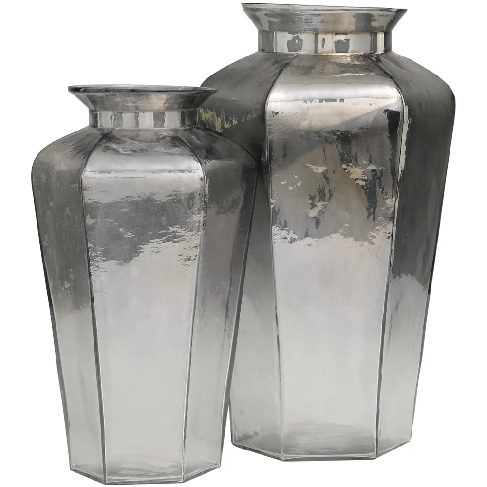 Geometric Hexagon Gray Glass Vases Set of 2 Elegant Home Decor Flower Arrangement Contemporary Accent Pieces