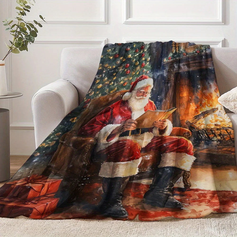 Cozy Christmas Flannel Throw Blanket - Santa Claus, Holly Berries & Gift Box Design | Soft & Warm for Naps, Camping, Travel