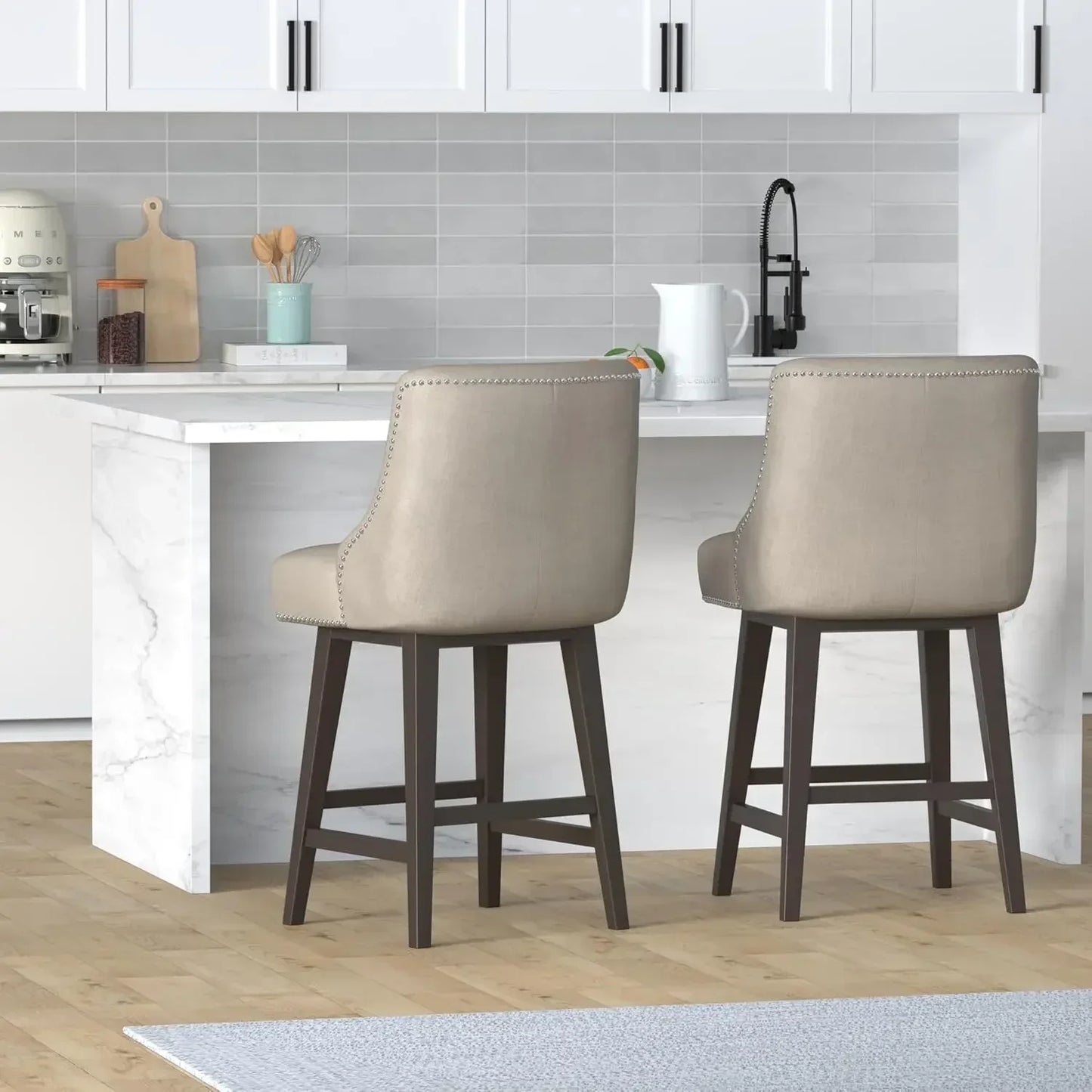 XMSJ.Counter Height Swivel Barstools, FSC Certified 26" H Seat Height Upholstered Bar Stools Set of 2, Performance Fabric in Tan