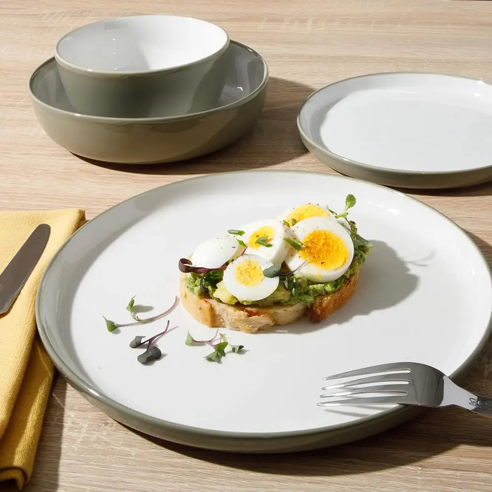 Kitchen Entials 16 Piece Two-Tone Porcelain Chip And Scratch Resistant Dinnerware Plates And Bowls Set - Grey/White