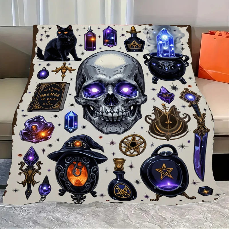 Flannel Blanket-Soft Lightweight All-season Halloween Themed Baby Blanket with Spooky Pumpkin Skeletons and Bats Design