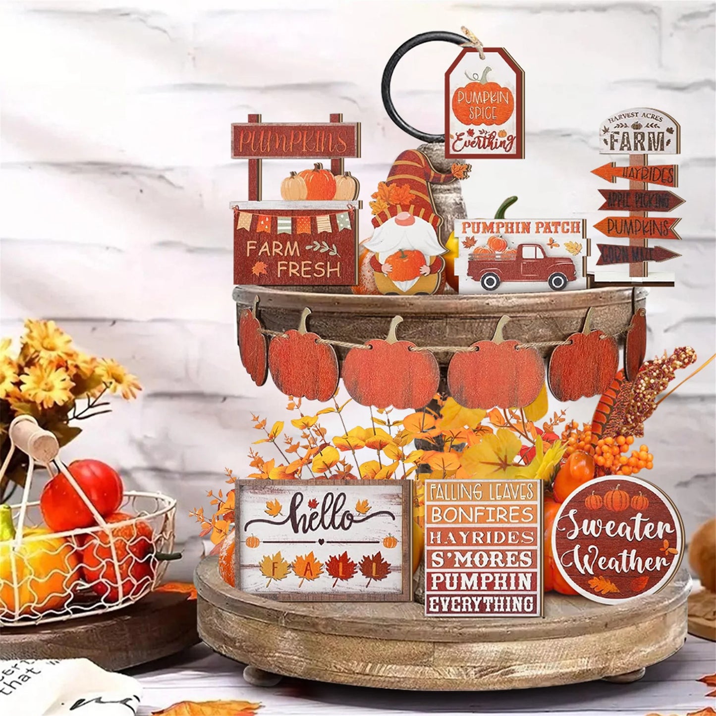 Thanksgiving Harvest Decor Set of 12 Rustic Wooden Pumpkin Maple Leaf Table Centerpieces for Fall Home Party Decorations