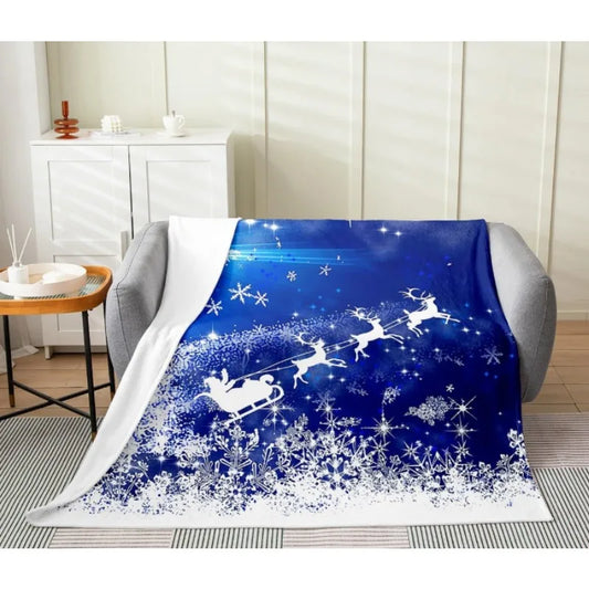 Christmas Blanket Blue Christmas French Plush Elk Pattern Suitable for Bed, Sofa, Chair, Living Room