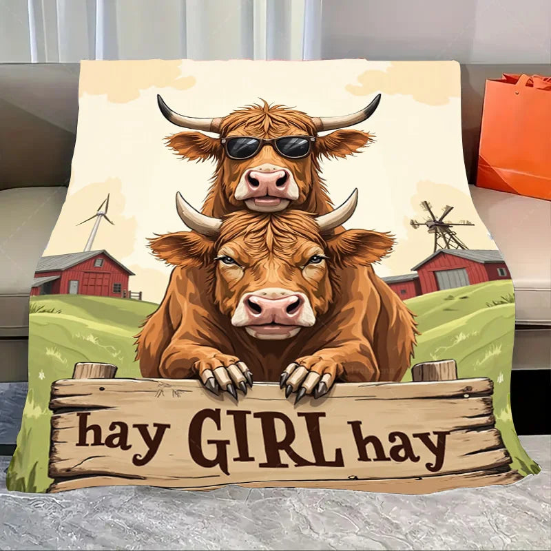 1pc Flannel Blanket Rustic Highland Cattle in Forest Scenic Blanket - Cozy Cabin Style Throw