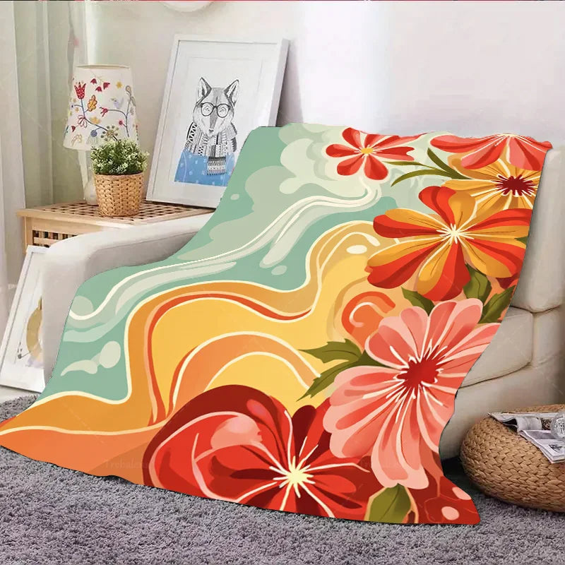 1pc Flannel Blanket Vibrant Floral Throw Blanket - Retro Style for Cozy Living Room Decor