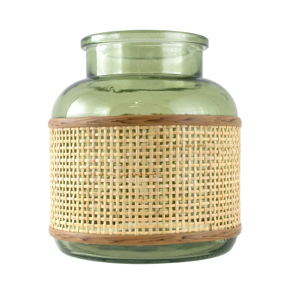 Translucent Green Glass Vase Rattan Caning Wrap Indoor Tabletop Decorative Flower Holder Stain Resistant Home Decor Accent Piece