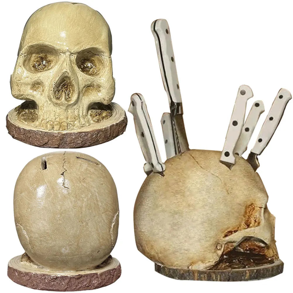 Skull Knife Holder Resin Skeleton Knife Stand Creative Fruit Chopping Knife Stand Halloween Party Decoration