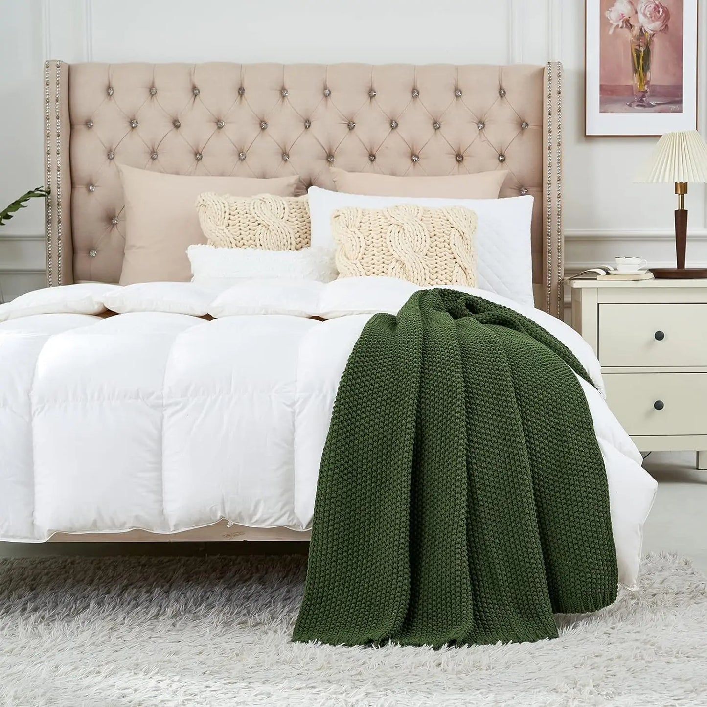 Knitted blanket lightweight olive green organic cotton sofa bed blanket, 51 inches x 63 inches, including laundry bag