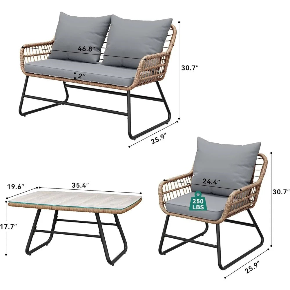 4-piece Patio Furniture Set, Wicker Outdoor Furniture Set With Cushions, Outdoor Table And Chairs For Balcony, Backyard, Deck,