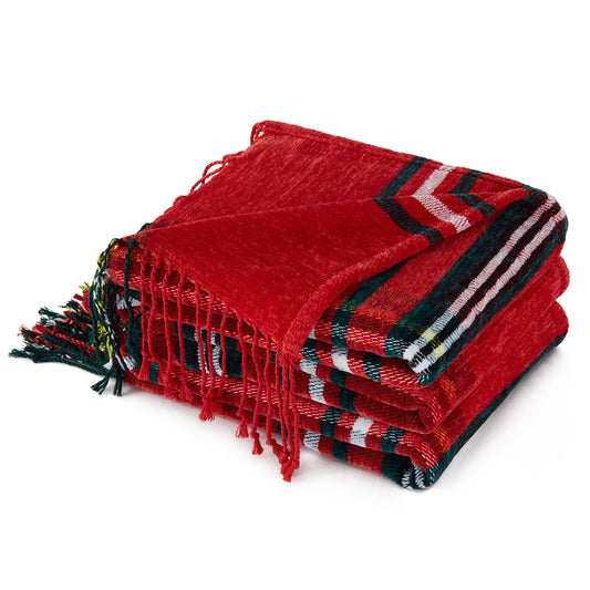 Christmas Plaid Chenille Throw Blanket for Couch Red and Green, Fluffy Soft Knitted Throw Blankets with Tassel Fringe for Sofa
