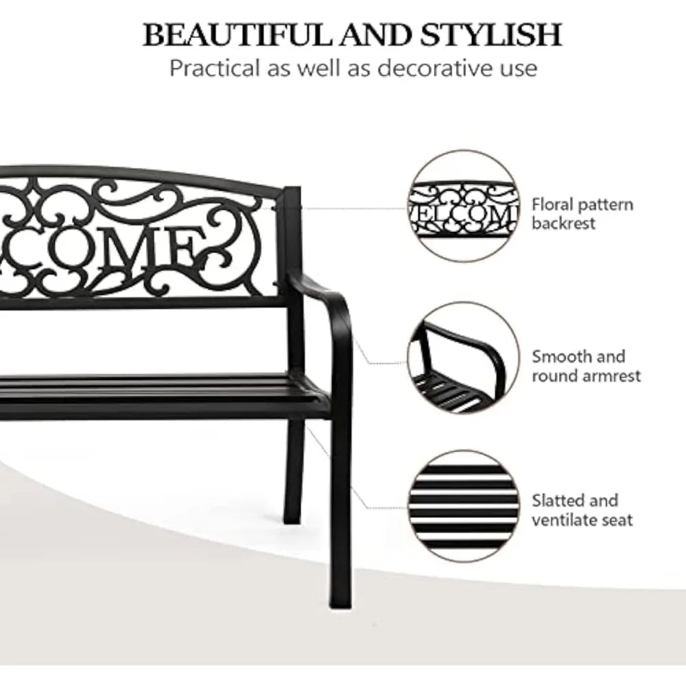 Outdoor Bench with PVC Back Pattern, Metal Garden Bench Black Steel Welcome Bench for Patio, Porch, Deck, Yard, Lawn Deco